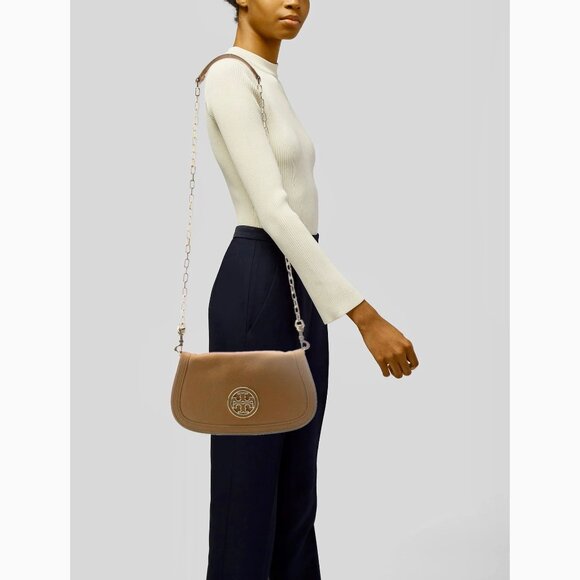 TORY BURCH~Amanda~FLAP GOLD CHAIN CROSSBODY CLUTCH BAG TAN PEBBLED LEATHER - Picture 7 of 7